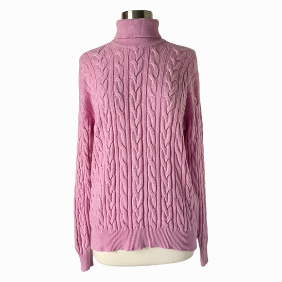 Johnstons of Elgin Pink Cashmere Cable Knit Turtleneck Sweater - Picture 1 of 8